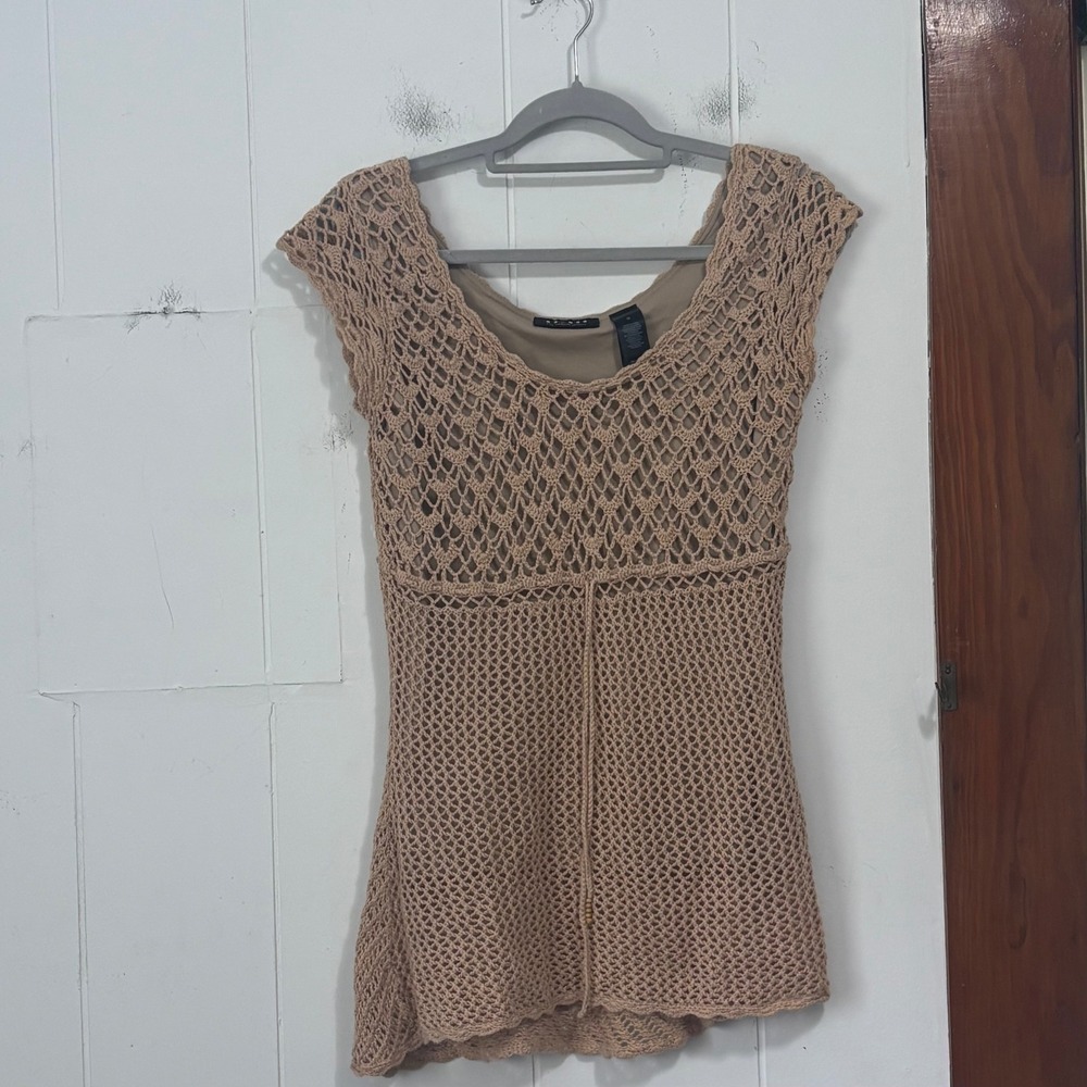 Y2K Axcess Liz Claiborne Crochet Knit Tank Top Tan Beige Beaded Empire Medium